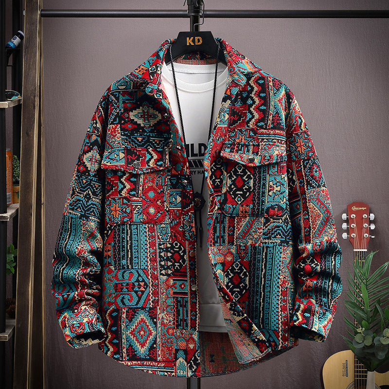 LV Fleece thickened jacquard yarn-dyed autumn and winter Korean shirt with men's ethnic style loose top casual jacket