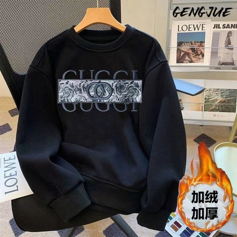 Gucci Fleece and thickened sweatshirt autumn and winter heavyweight crewneck sweatshirt men's and women's Korean version casual and versatile long-sleeved top jacket