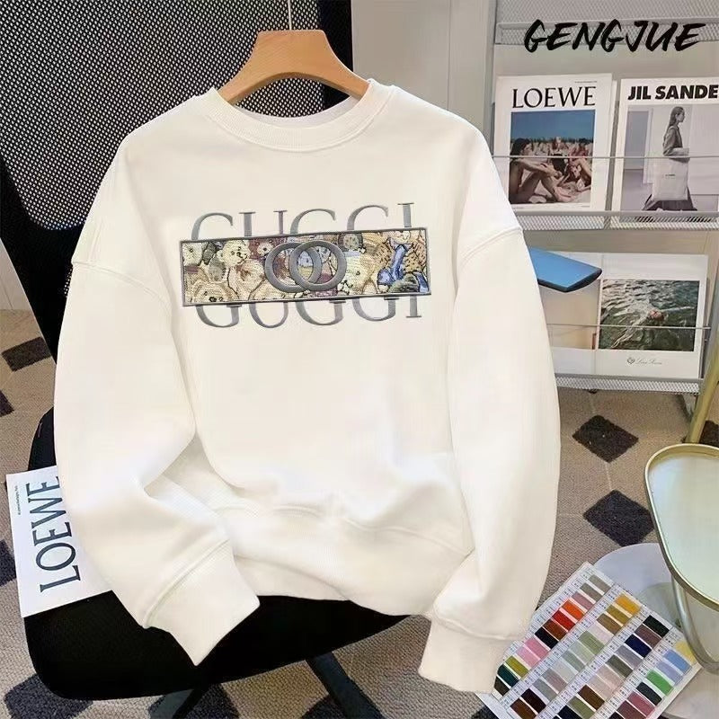 Gucci European trendy brand printed men's sweatshirt heavy cotton round neck and fleece autumn and winter loose fashion and versatile top