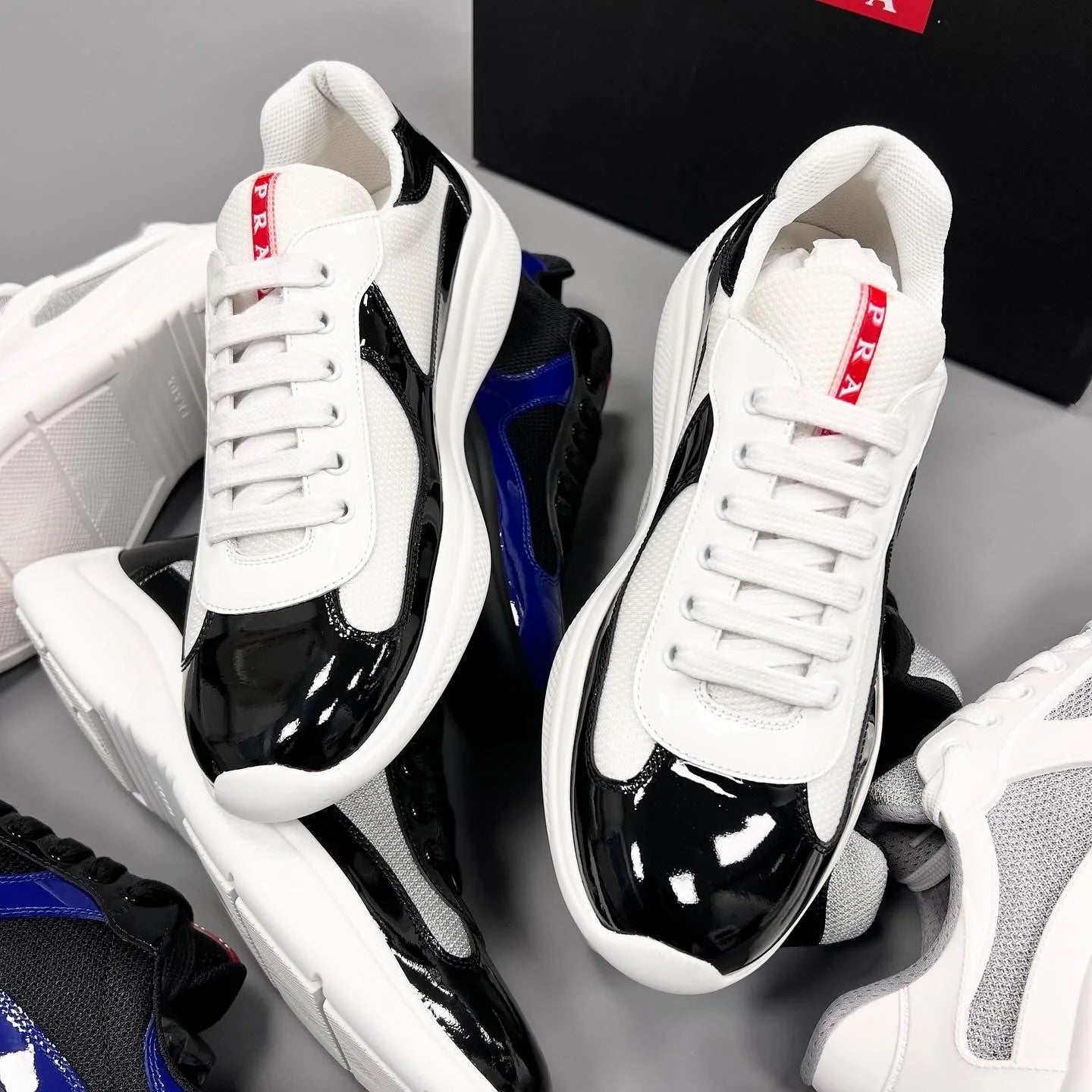 Prada Cross-border patent leather mesh breathable and odor-proof splicing couple fashion and versatile platform casual sports men's shoes trendy shoes