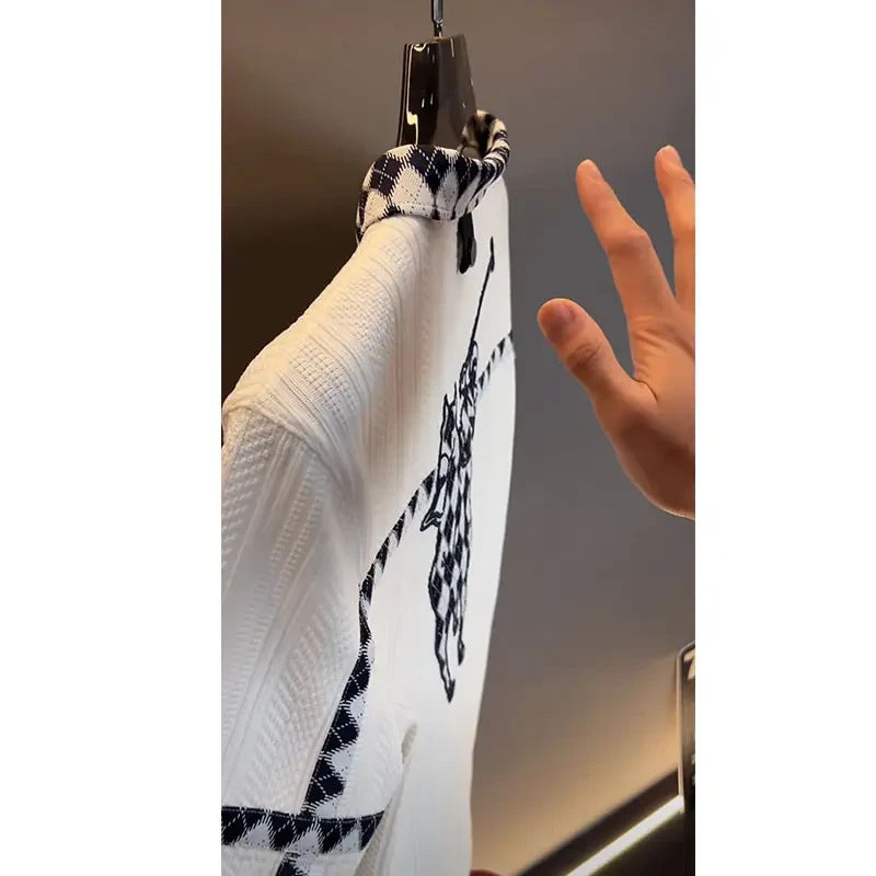 Polo European station light luxury haute couture men's clothing 2025 summer new diamond plaid spliced solid color business simple shirt