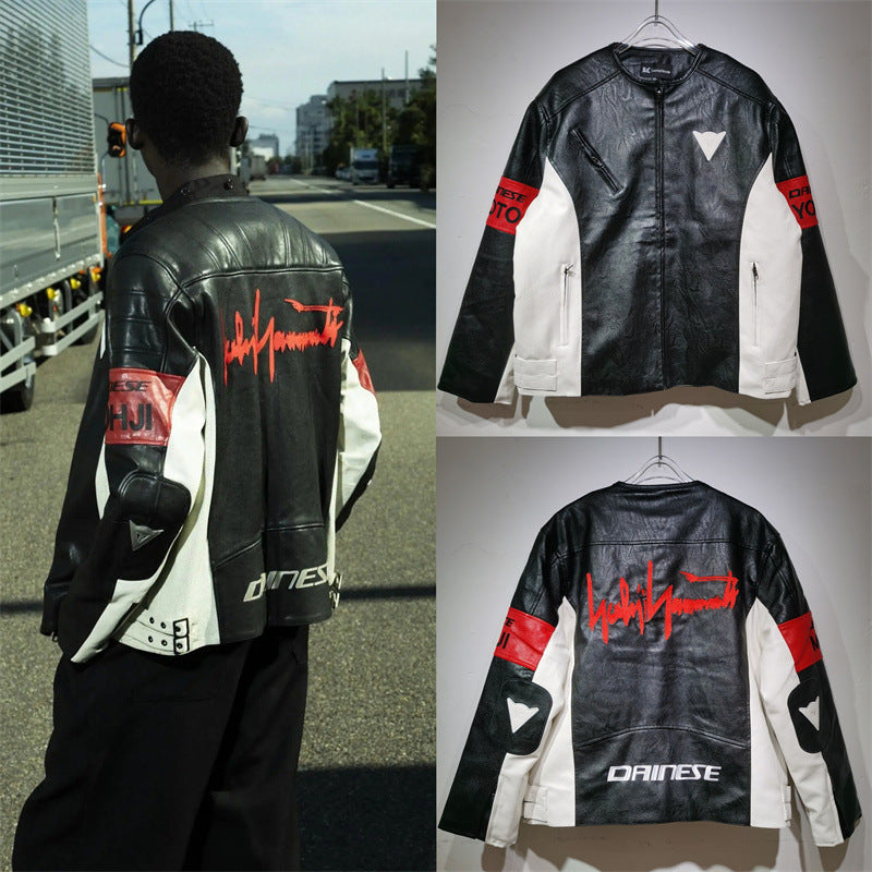 25. European and American new autumn and winter retro racing suits, heavy industry PU leather jackets, spliced embroidery jackets, men's and women's jackets, motorcycle suits