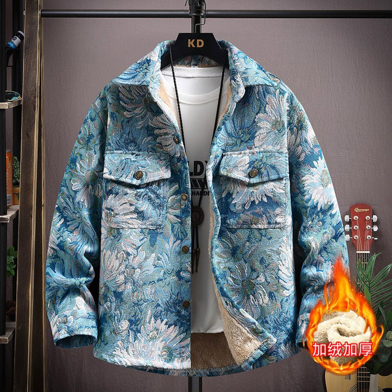 LV Fleece thickened jacquard yarn-dyed autumn and winter Korean shirt with men's ethnic style loose top casual jacket