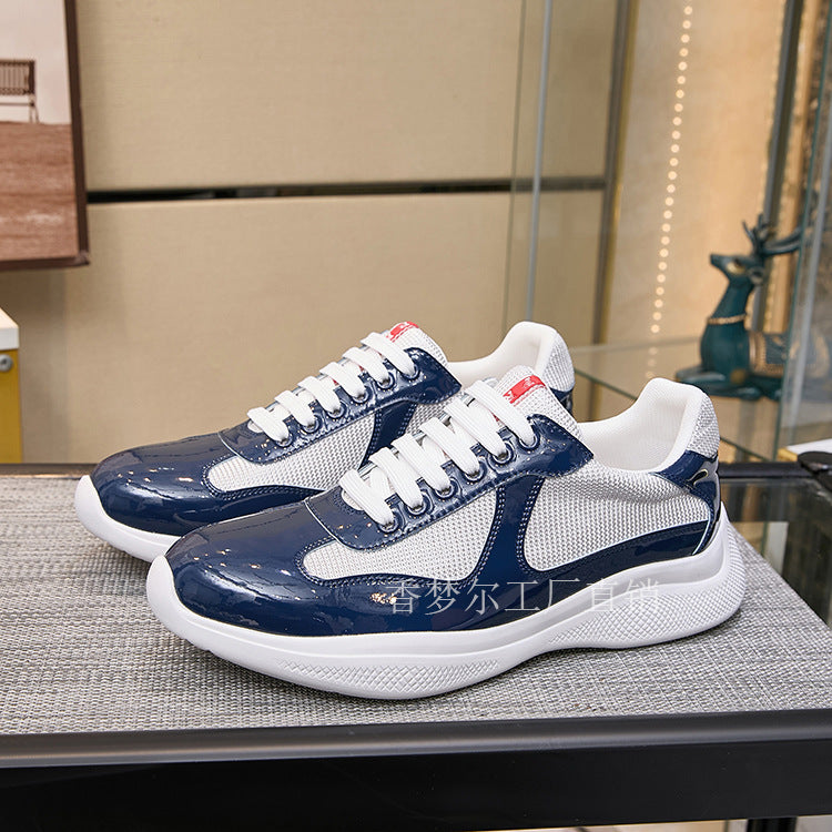 Prada Cross-border patent leather mesh breathable and odor-proof splicing couple fashion and versatile platform casual sports men's shoes trendy shoes