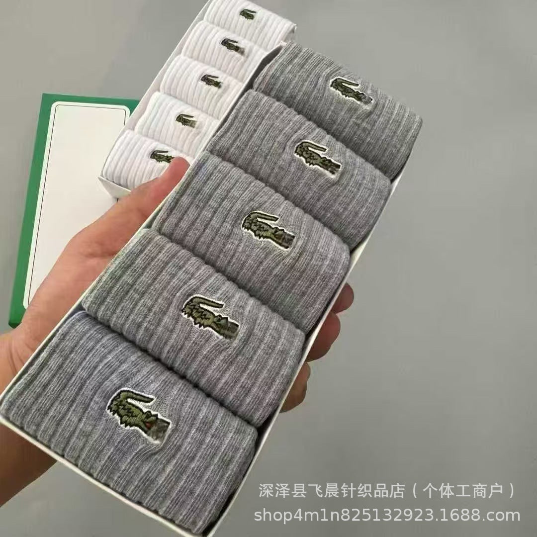 5 free socks Lacosta Big fish boxed solid color cotton socks embroidered mid-leg socks sweat-wicking comfortable and breathable men's athleisure socks