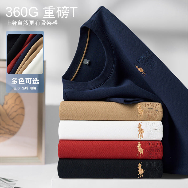 Polo Thickened embroidered crew neck sweatshirt for young men in solid colors 2025 autumn new cotton long-sleeved T-shirt base shirt for men