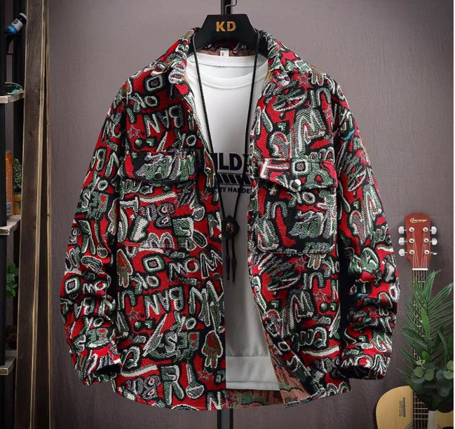 LV Fleece thickened jacquard yarn-dyed autumn and winter Korean shirt with men's ethnic style loose top casual jacket