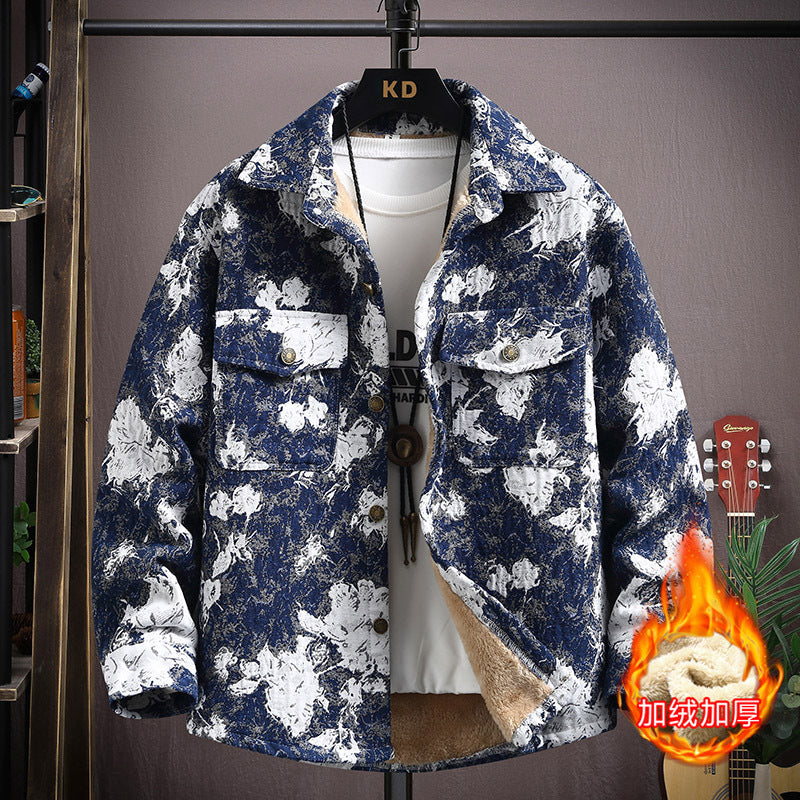 LV Fleece thickened jacquard yarn-dyed autumn and winter Korean shirt with men's ethnic style loose top casual jacket