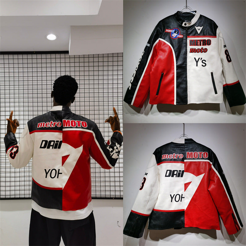 25. European and American new autumn and winter retro racing suits, heavy industry PU leather jackets, spliced embroidery jackets, men's and women's jackets, motorcycle suits