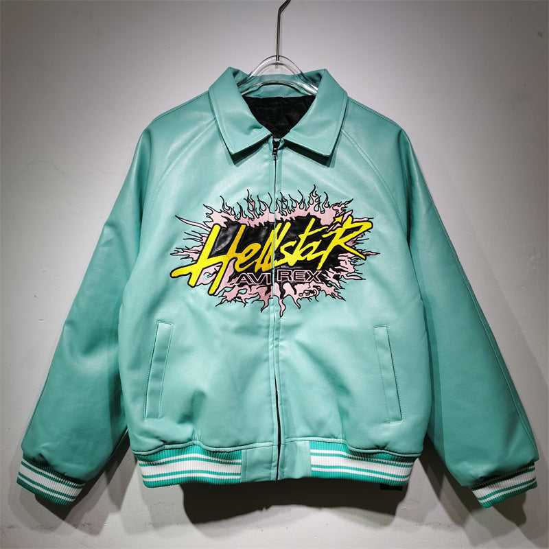 25. European and American new autumn and winter retro racing suits, heavy industry PU leather jackets, spliced embroidery jackets, men's and women's jackets, motorcycle suits