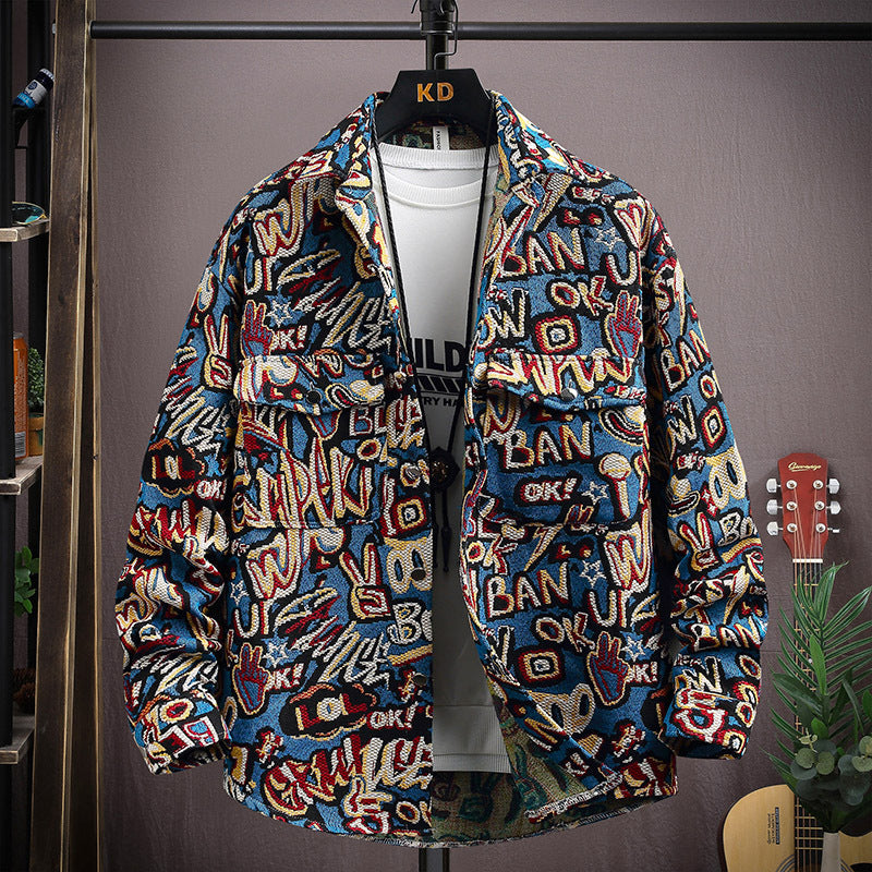 LV Fleece thickened jacquard yarn-dyed autumn and winter Korean shirt with men's ethnic style loose top casual jacket