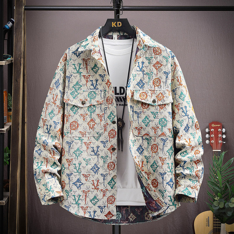 LV Fleece thickened jacquard yarn-dyed autumn and winter Korean shirt with men's ethnic style loose top casual jacket