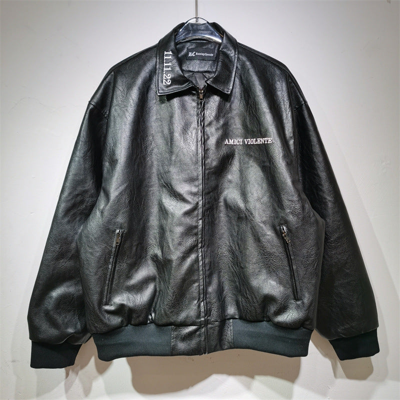 25. European and American new autumn and winter retro racing suits, heavy industry PU leather jackets, spliced embroidery jackets, men's and women's jackets, motorcycle suits