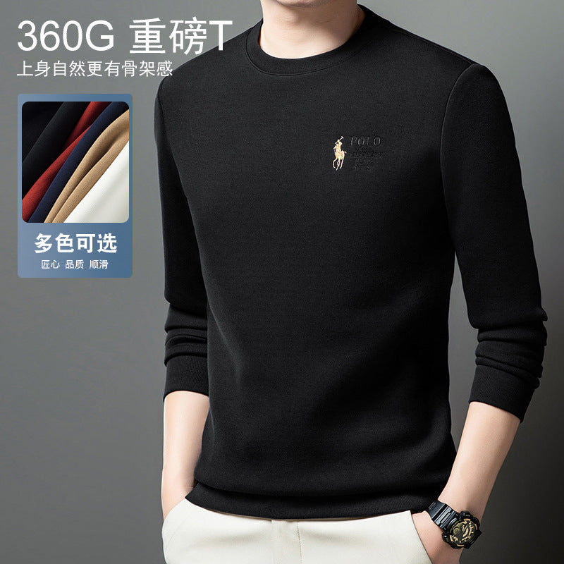 Polo Thickened embroidered crew neck sweatshirt for young men in solid colors 2025 autumn new cotton long-sleeved T-shirt base shirt for men