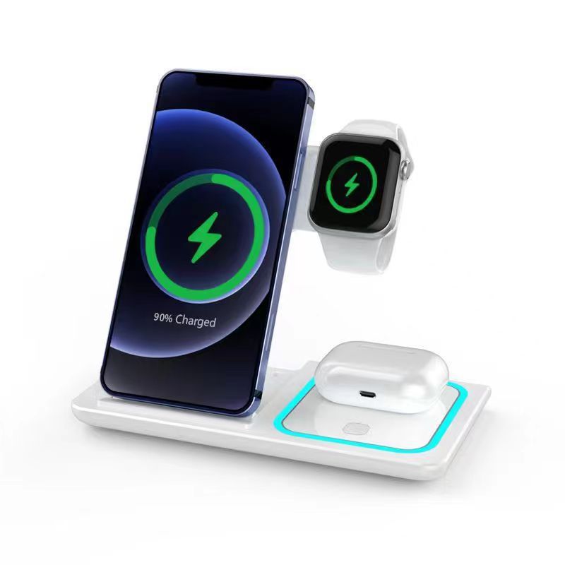 Foldable 3-in-1 Magnetic Wireless Charging Station – Universal Multi-Device Desktop Charger for Smartphones, Smartwatches, and Wireless Earbuds