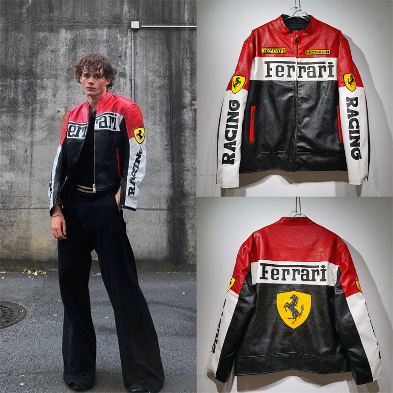 25. European and American new autumn and winter retro racing suits, heavy industry PU leather jackets, spliced embroidery jackets, men's and women's jackets, motorcycle suits