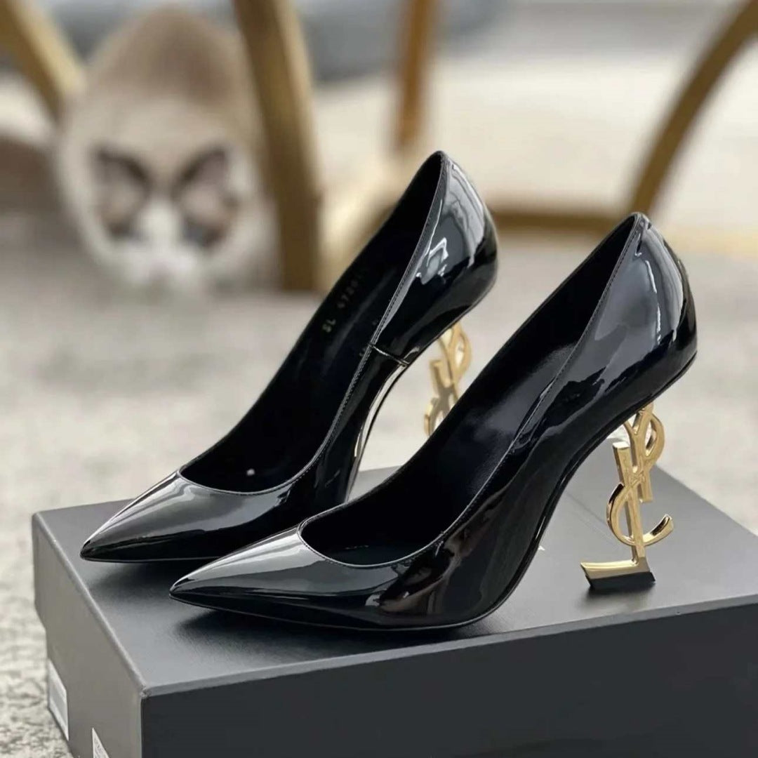 2025 Trend YSL French High Heels Women 2025 Summer New Gold Letter Logo Thin Heel Sexy Open Toe Strap Sandals