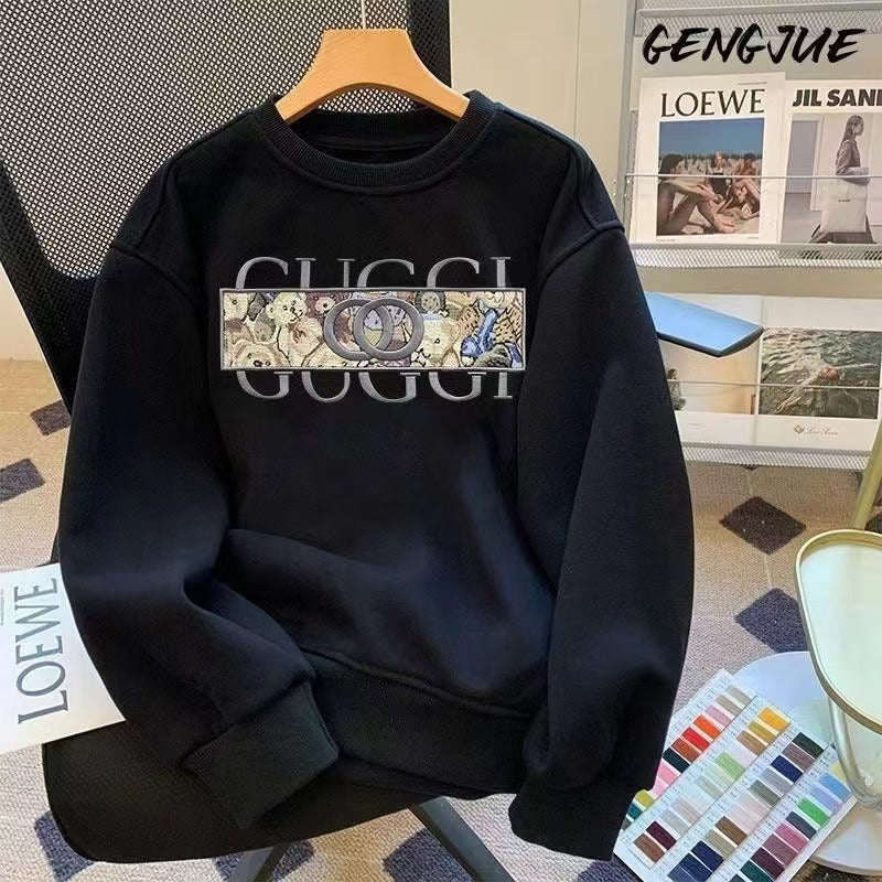 Gucci European trendy brand printed men's sweatshirt heavy cotton round neck and fleece autumn and winter loose fashion and versatile top