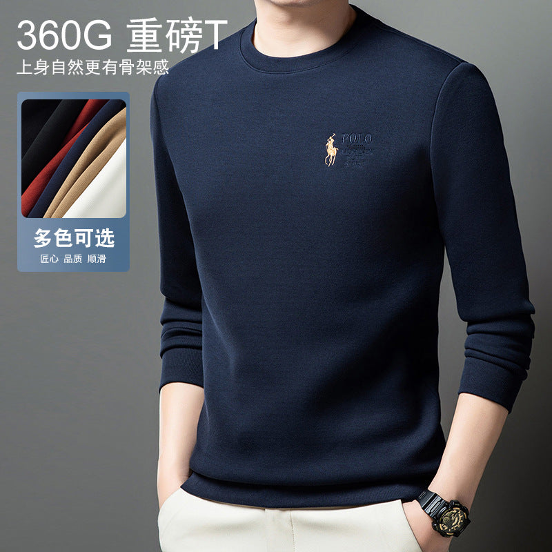 Polo Thickened embroidered crew neck sweatshirt for young men in solid colors 2025 autumn new cotton long-sleeved T-shirt base shirt for men