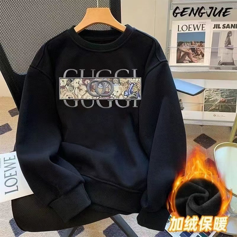 Gucci European trendy brand printed men's sweatshirt heavy cotton round neck and fleece autumn and winter loose fashion and versatile top