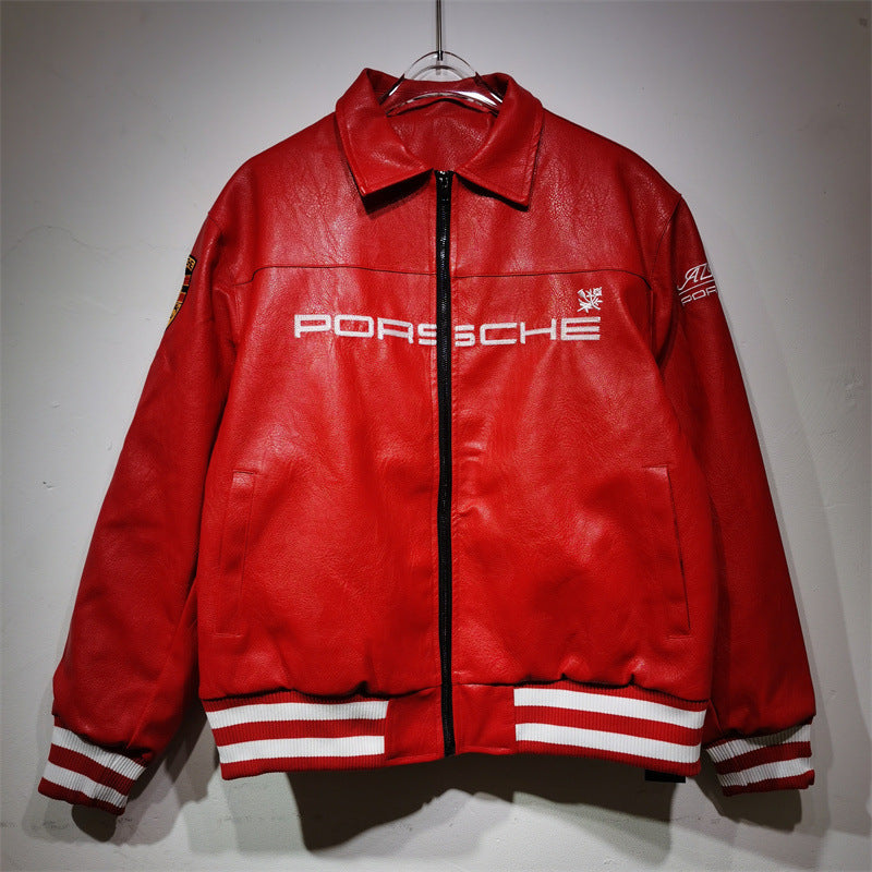 25. European and American new autumn and winter retro racing suits, heavy industry PU leather jackets, spliced embroidery jackets, men's and women's jackets, motorcycle suits