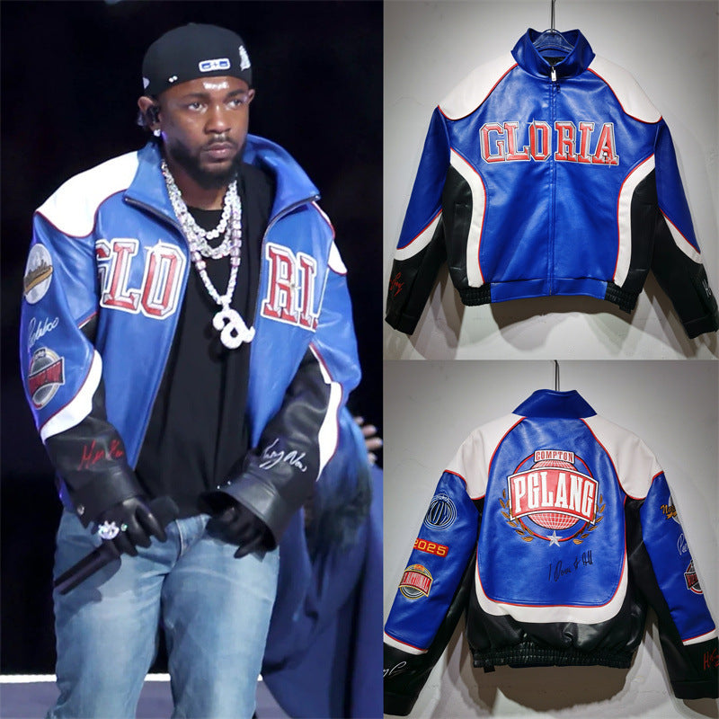 25. European and American new autumn and winter retro racing suits, heavy industry PU leather jackets, spliced embroidery jackets, men's and women's jackets, motorcycle suits