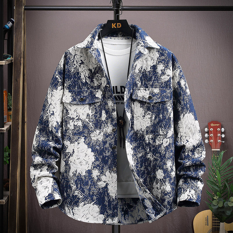 LV Fleece thickened jacquard yarn-dyed autumn and winter Korean shirt with men's ethnic style loose top casual jacket