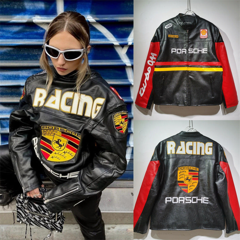 25. European and American new autumn and winter retro racing suits, heavy industry PU leather jackets, spliced embroidery jackets, men's and women's jackets, motorcycle suits