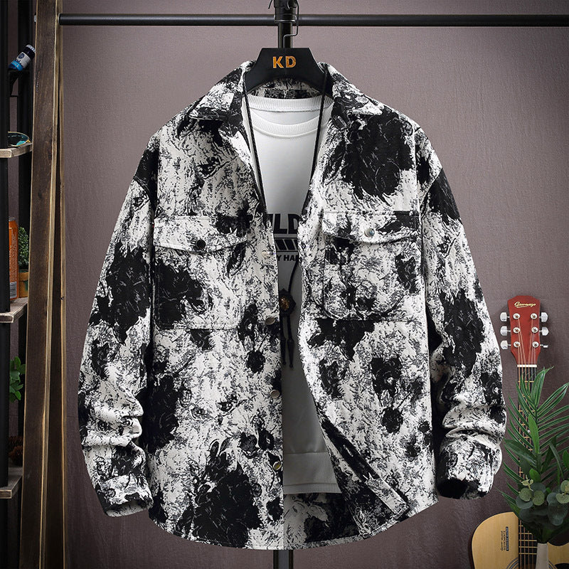 LV Fleece thickened jacquard yarn-dyed autumn and winter Korean shirt with men's ethnic style loose top casual jacket