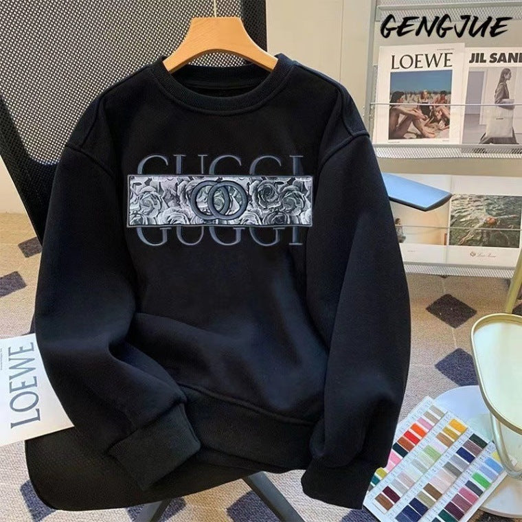 Gucci Fleece and thickened sweatshirt autumn and winter heavyweight crewneck sweatshirt men's and women's Korean version casual and versatile long-sleeved top jacket