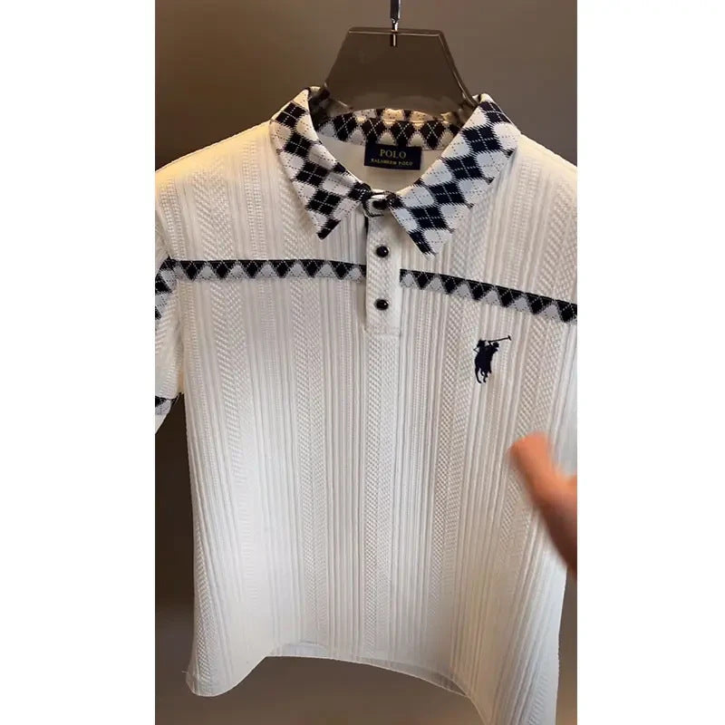 Polo European station light luxury haute couture men's clothing 2025 summer new diamond plaid spliced solid color business simple shirt