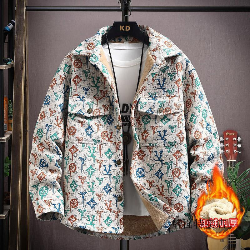 LV Fleece thickened jacquard yarn-dyed autumn and winter Korean shirt with men's ethnic style loose top casual jacket