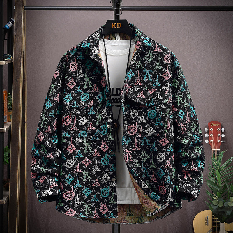 LV Fleece thickened jacquard yarn-dyed autumn and winter Korean shirt with men's ethnic style loose top casual jacket