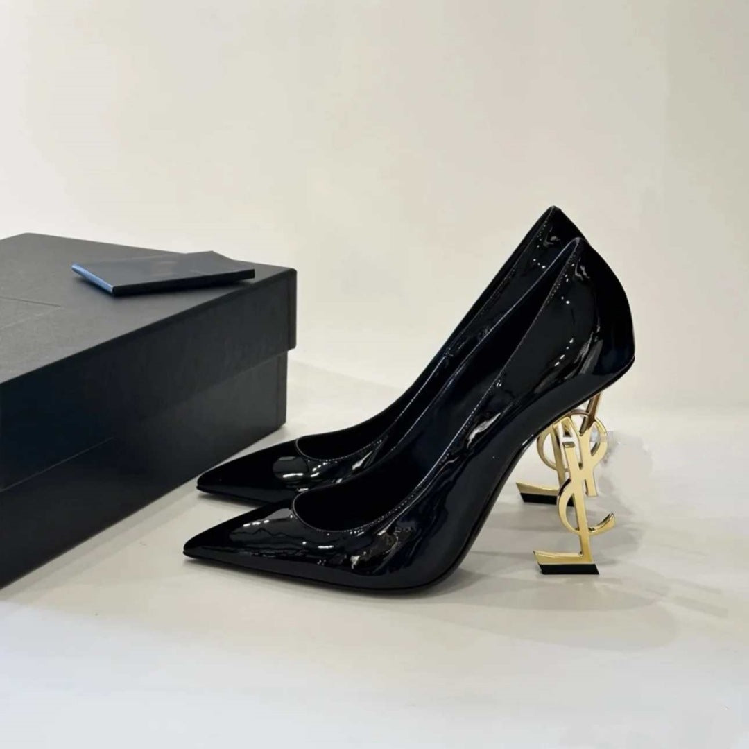 2025 Trend YSL French High Heels Women 2025 Summer New Gold Letter Logo Thin Heel Sexy Open Toe Strap Sandals