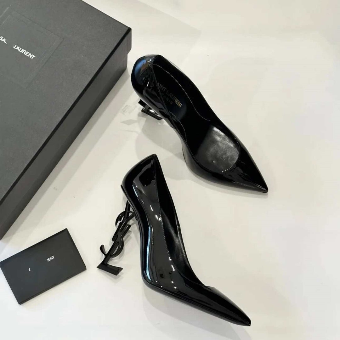 2025 Trend YSL French High Heels Women 2025 Summer New Gold Letter Logo Thin Heel Sexy Open Toe Strap Sandals