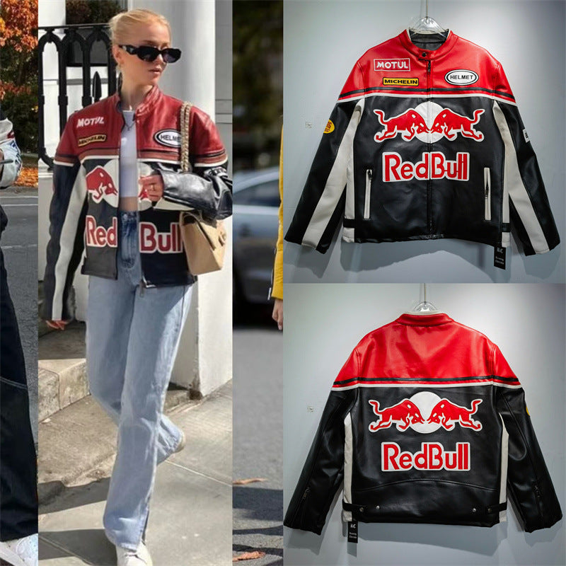25. European and American new autumn and winter retro racing suits, heavy industry PU leather jackets, spliced embroidery jackets, men's and women's jackets, motorcycle suits