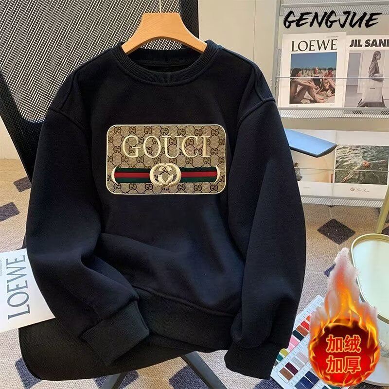 Gucci European trendy brand printed men's sweatshirt heavy cotton round neck and fleece autumn and winter loose fashion and versatile top