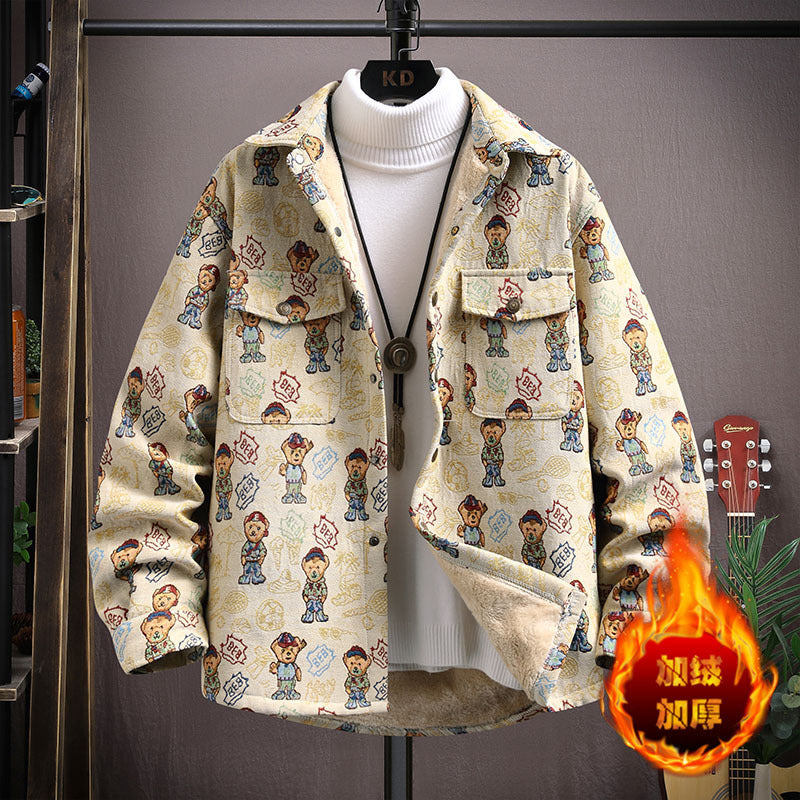 LV Fleece thickened jacquard yarn-dyed autumn and winter Korean shirt with men's ethnic style loose top casual jacket