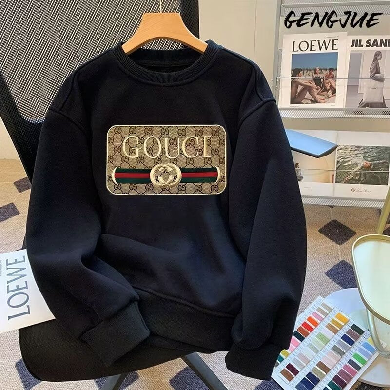 Gucci European trendy brand printed men's sweatshirt heavy cotton round neck and fleece autumn and winter loose fashion and versatile top