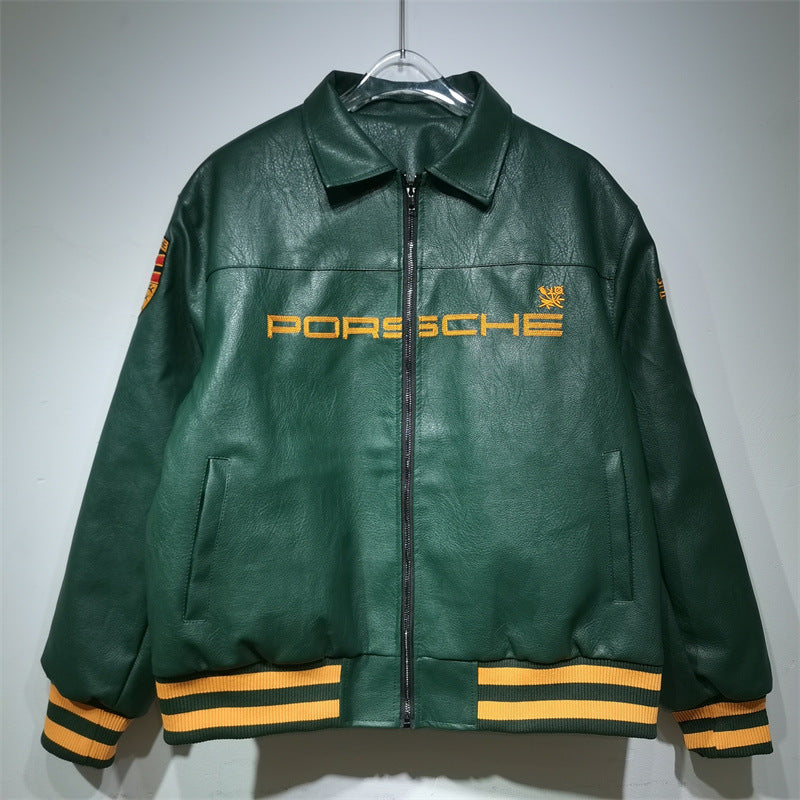 25. European and American new autumn and winter retro racing suits, heavy industry PU leather jackets, spliced embroidery jackets, men's and women's jackets, motorcycle suits