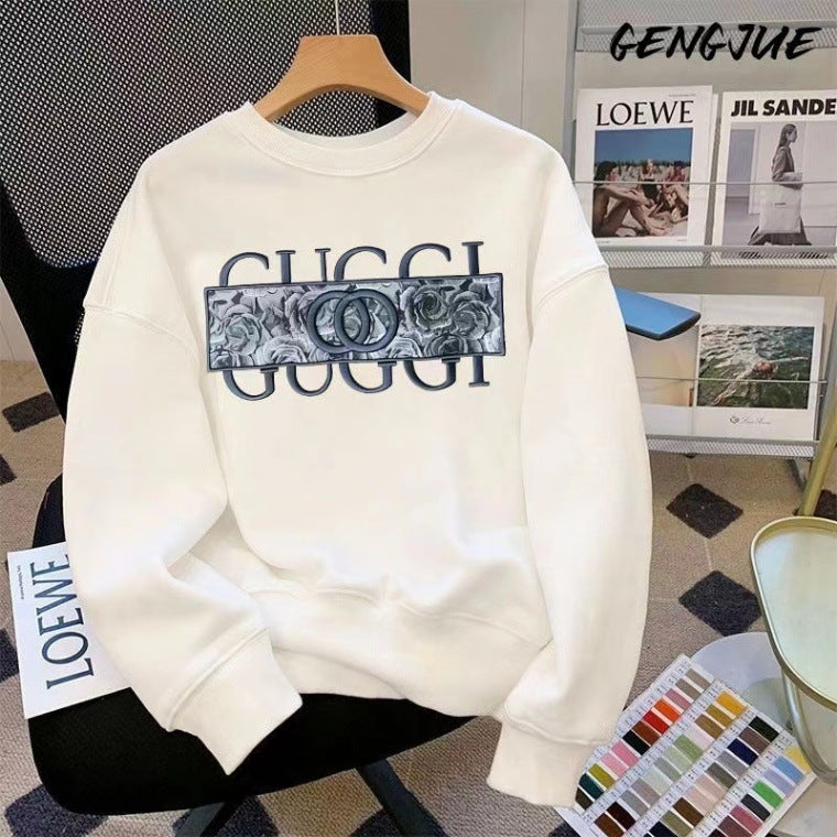 Gucci Fleece and thickened sweatshirt autumn and winter heavyweight crewneck sweatshirt men's and women's Korean version casual and versatile long-sleeved top jacket