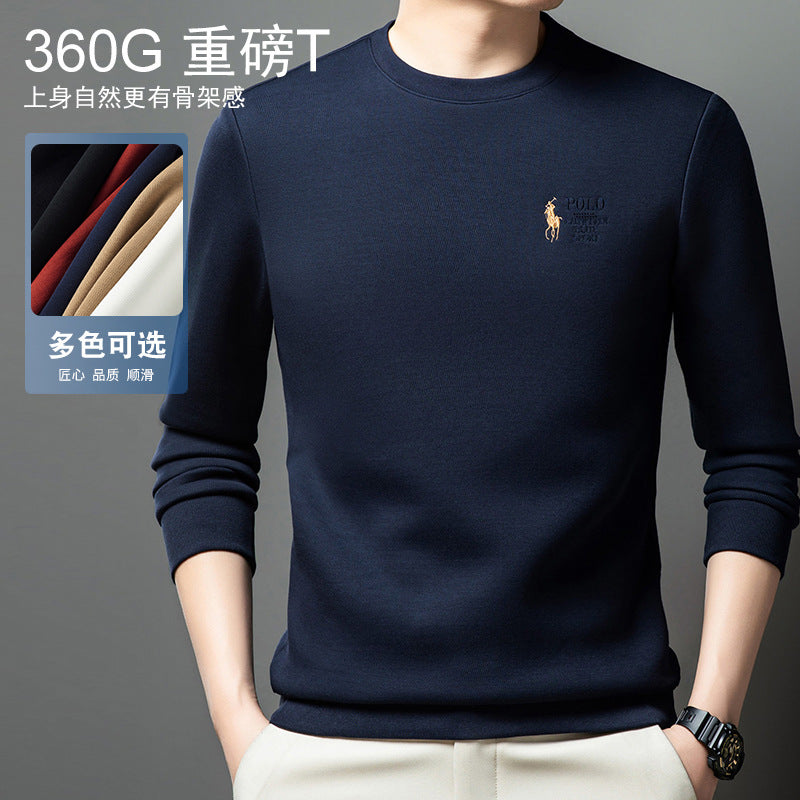 Polo Thickened embroidered crew neck sweatshirt for young men in solid colors 2025 autumn new cotton long-sleeved T-shirt base shirt for men