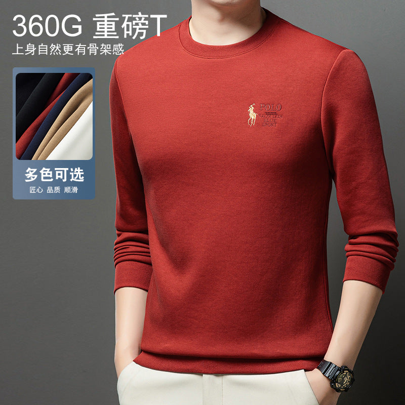 Polo Thickened embroidered crew neck sweatshirt for young men in solid colors 2025 autumn new cotton long-sleeved T-shirt base shirt for men
