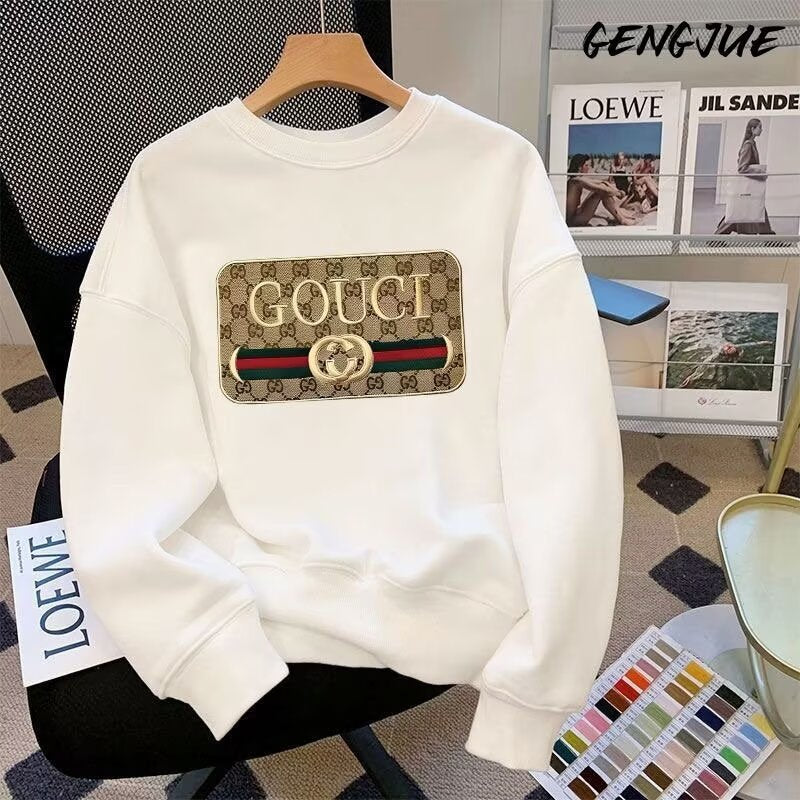 Gucci European trendy brand printed men's sweatshirt heavy cotton round neck and fleece autumn and winter loose fashion and versatile top