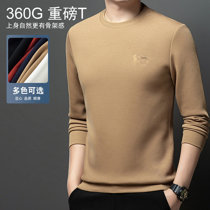 Polo Thickened embroidered crew neck sweatshirt for young men in solid colors 2025 autumn new cotton long-sleeved T-shirt base shirt for men