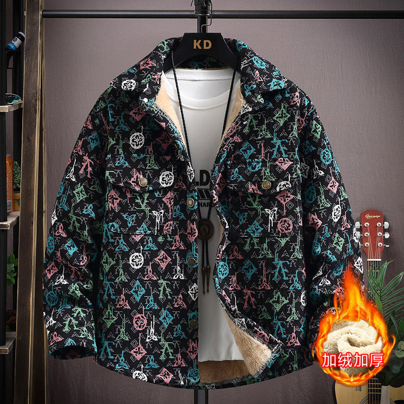 LV Fleece thickened jacquard yarn-dyed autumn and winter Korean shirt with men's ethnic style loose top casual jacket