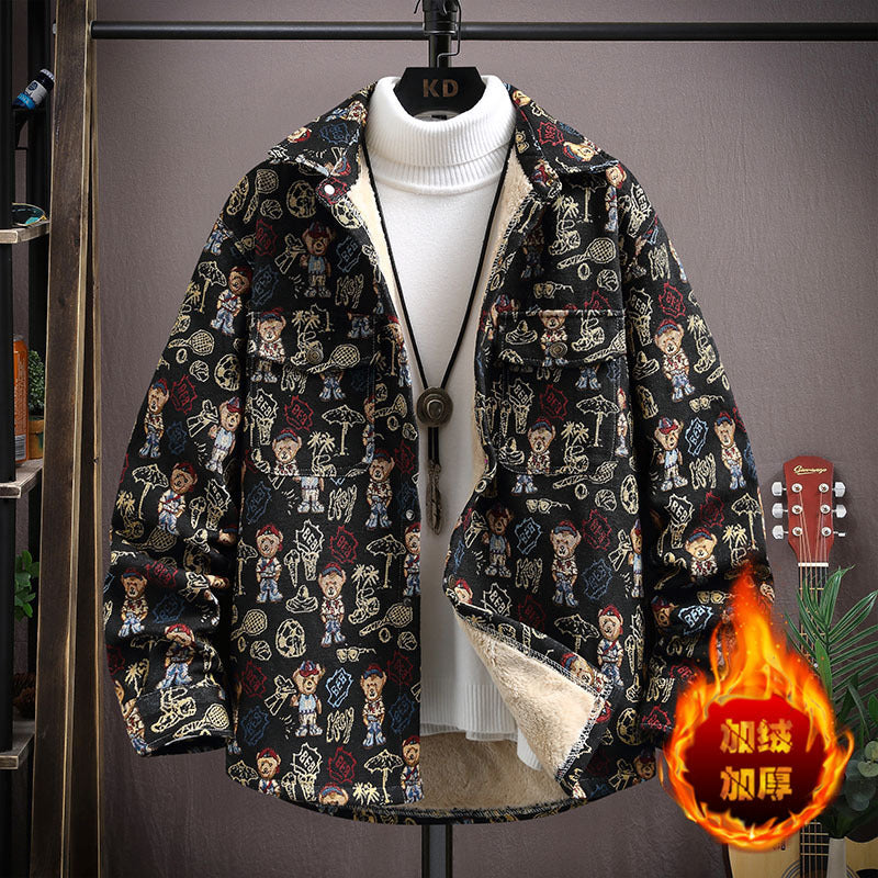 LV Fleece thickened jacquard yarn-dyed autumn and winter Korean shirt with men's ethnic style loose top casual jacket