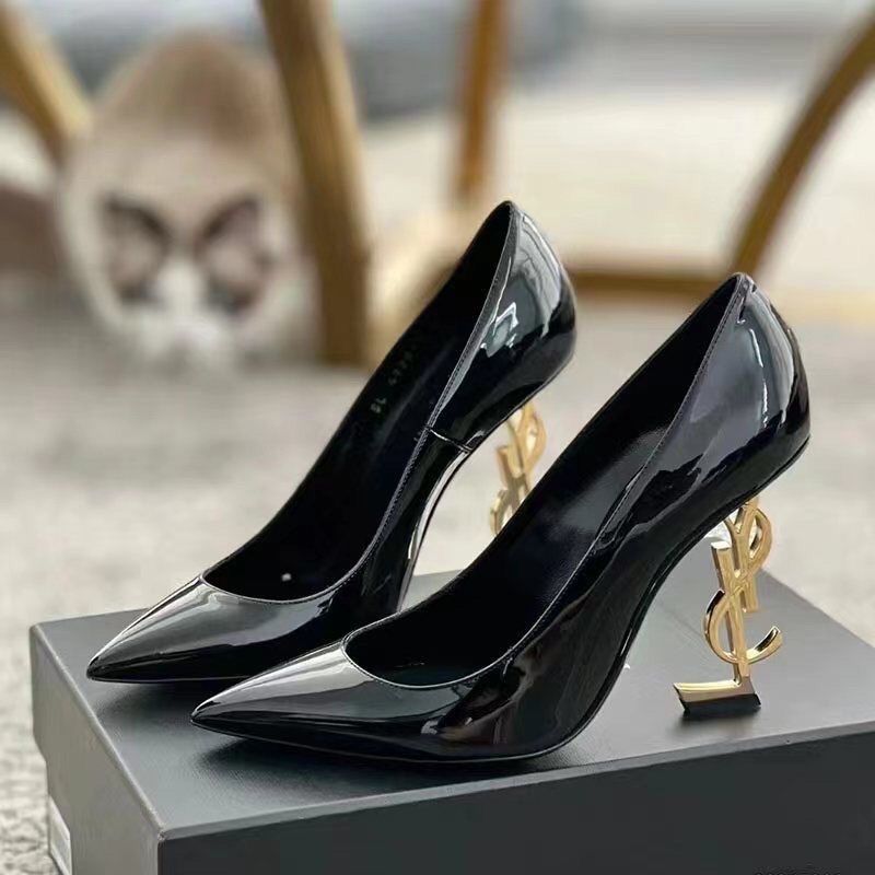 YSL 2025 New Casual Same French Letter Celebrity High Heels YS Pointed Toe Metal Heel Sexy Black Shoes