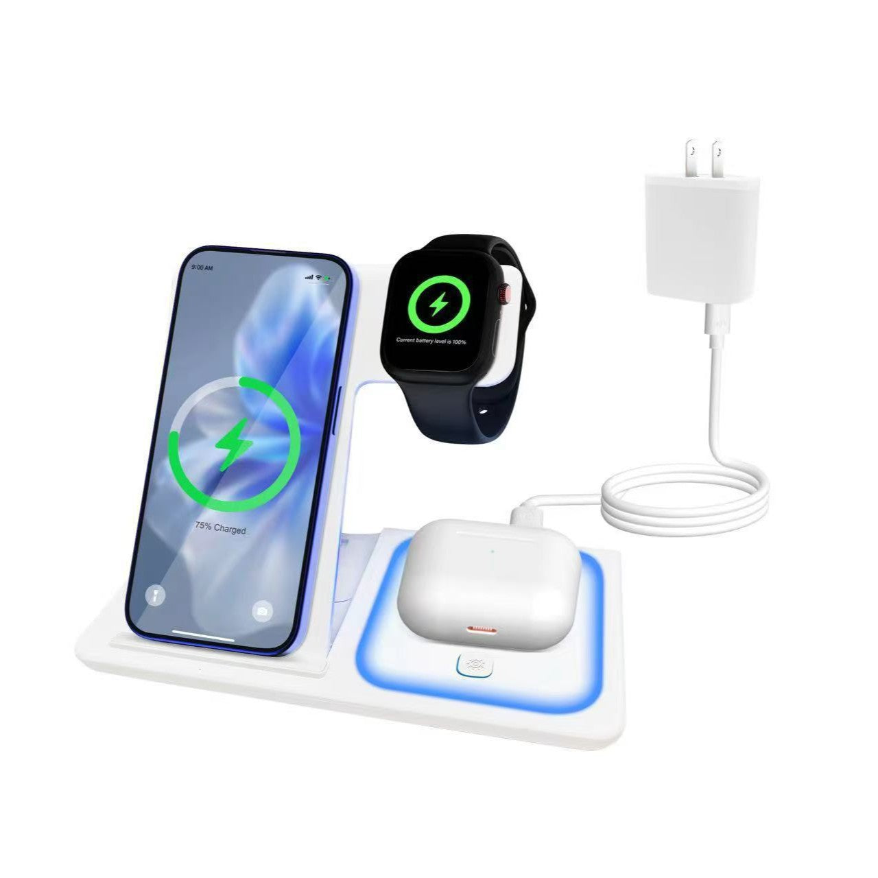 Foldable 3-in-1 Magnetic Wireless Charging Station – Universal Multi-Device Desktop Charger for Smartphones, Smartwatches, and Wireless Earbuds