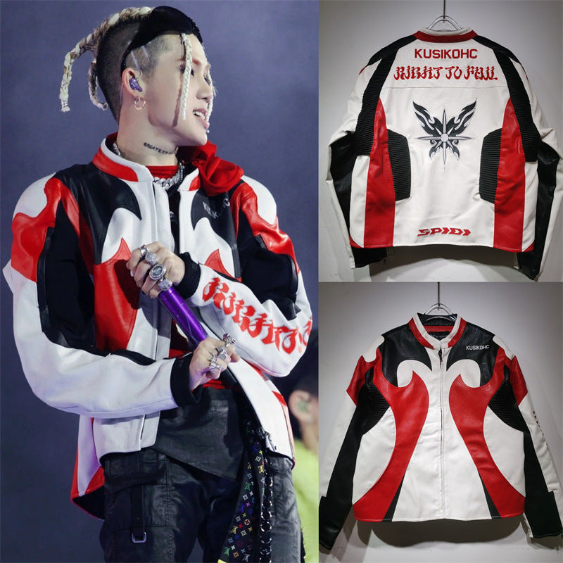 25. European and American new autumn and winter retro racing suits, heavy industry PU leather jackets, spliced embroidery jackets, men's and women's jackets, motorcycle suits